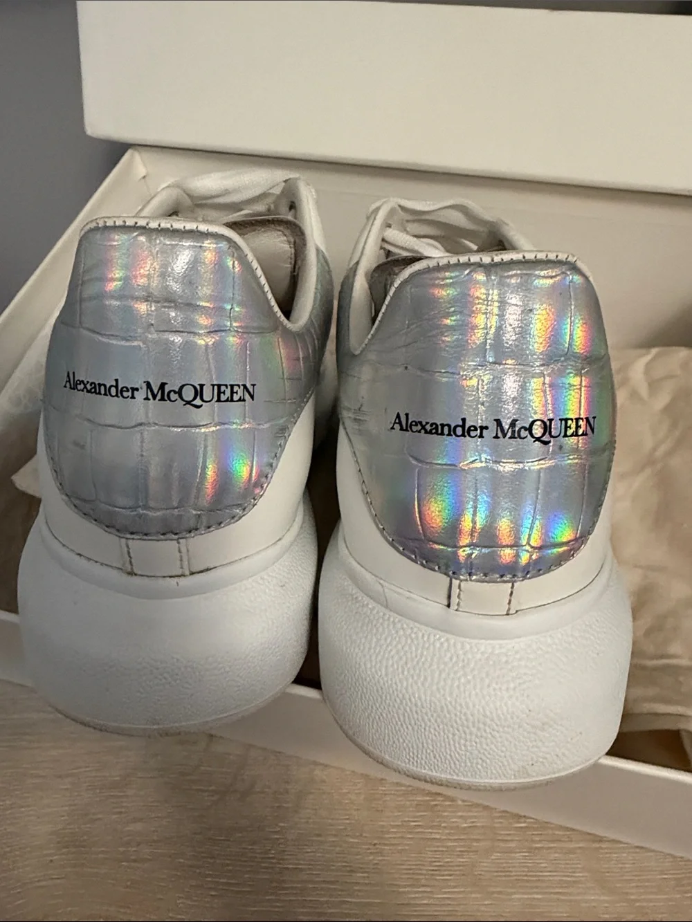 Alexander McQueen Larry White Platform Sneakers with Iridescent Heel Size 8.5
